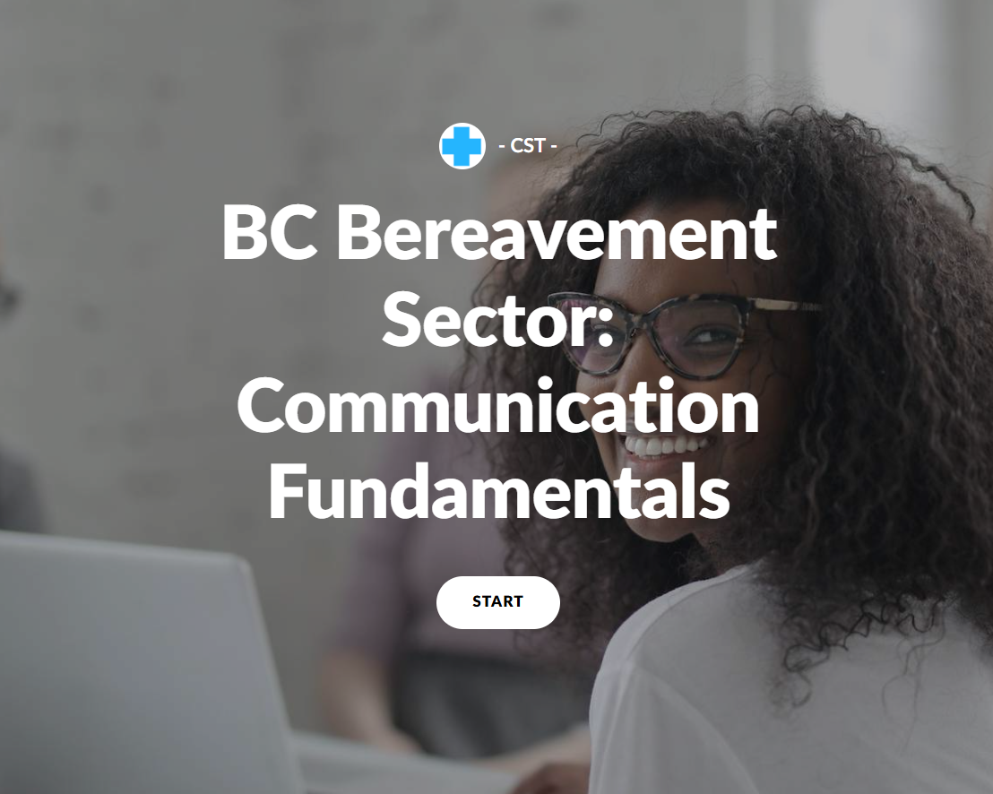 Promotional image for BC Bereavement Sector Communication Fundamentals course with a woman using a laptop.