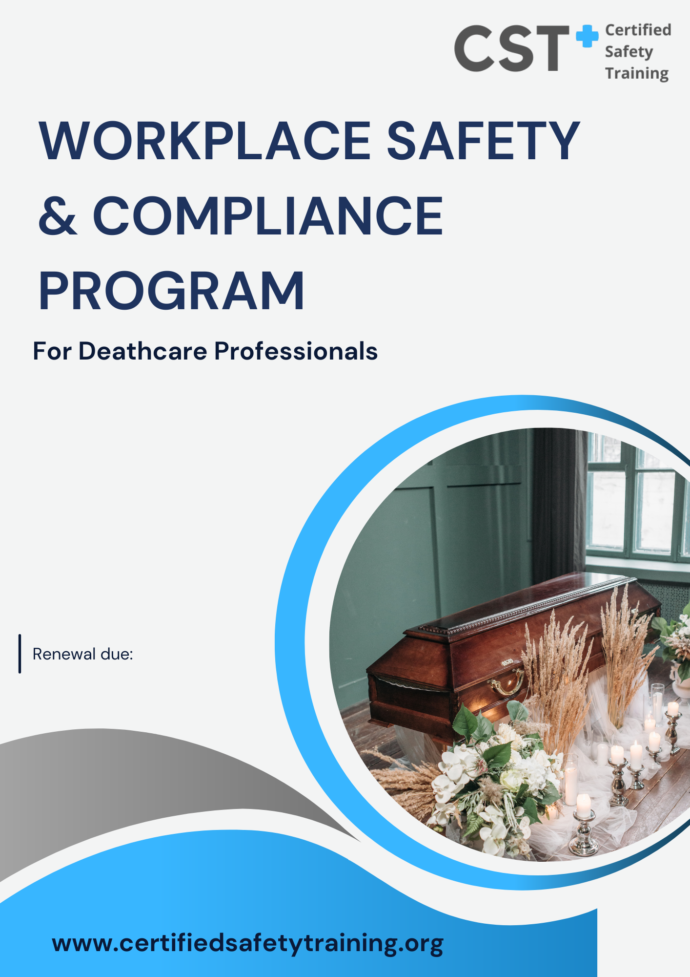 Cover of a workplace safety and compliance program for healthcare professionals with a photo of a funeral home interior.