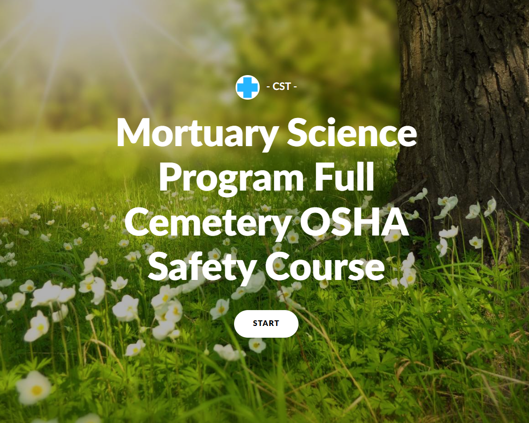 Promotional image for a mortuary science program with a natural background of grass and flowers.