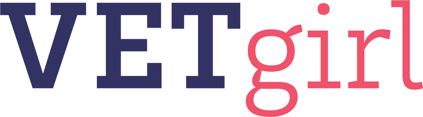 Logo with 'VET girl' text in blue and pink on a white background