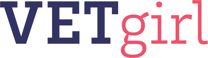 Logo with 'VET girl' text in blue and pink on a white background