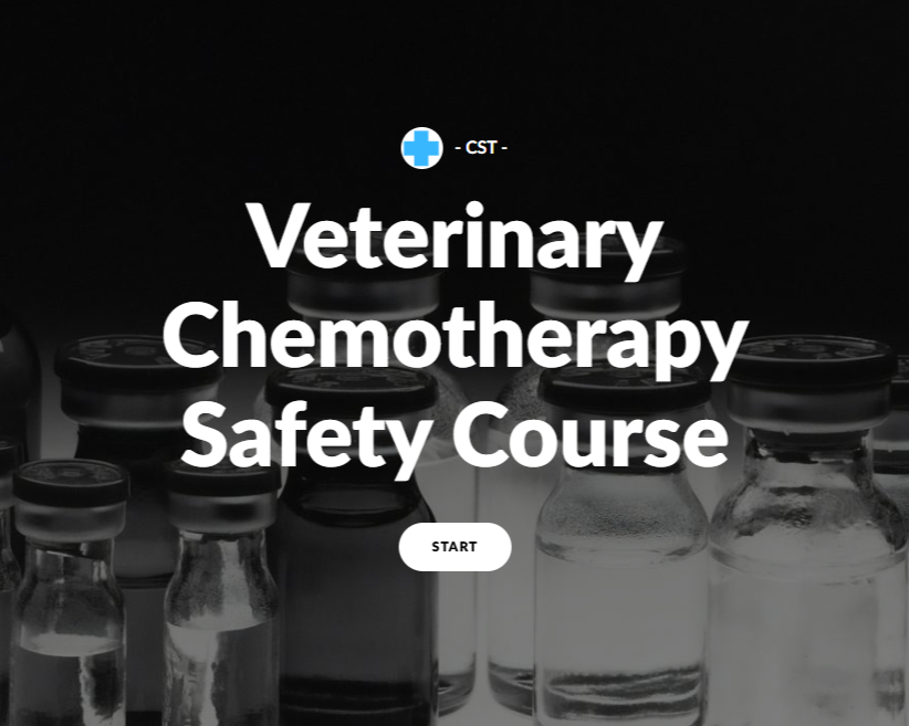 Veterinary chemotherapy safety course title with vials in the background